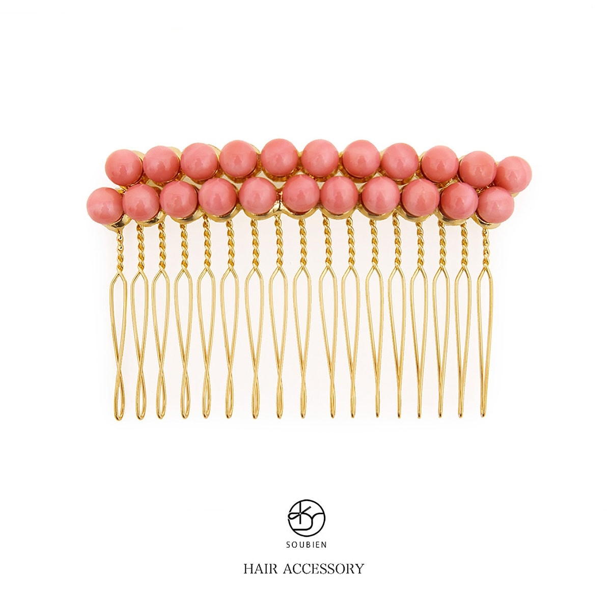 ヘアアクセサリー　金　ゴールド　コーラルピンク　イミテーションパール　コーム　フォーマル　髪飾り　日本製　結婚式　パーティー　着物　和装