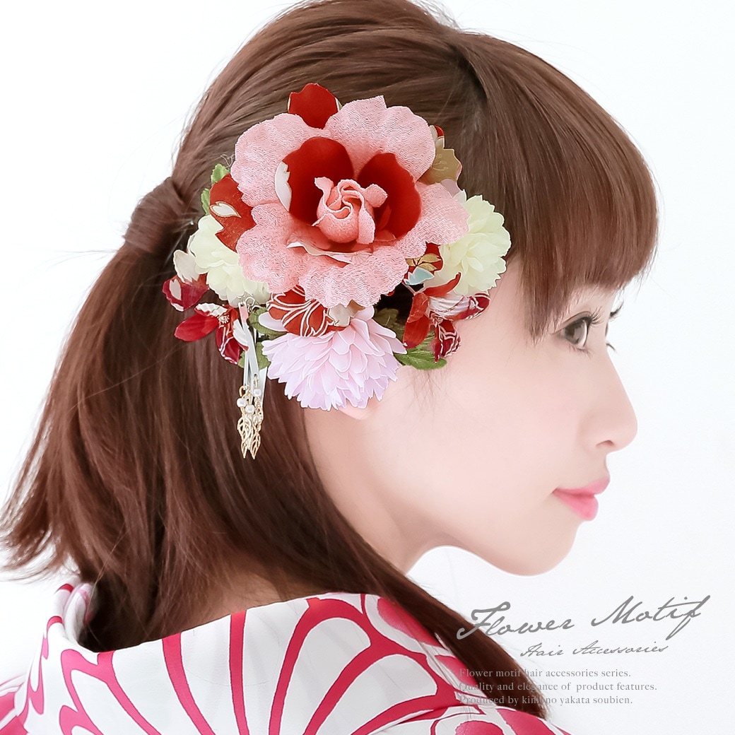 髪飾り　2点セット　ペールピンク　薔薇　菊　花　コサージュ　成人式　卒業式　振袖　袴　前撮り　髪留め　ヘアアクセサリー　日本製