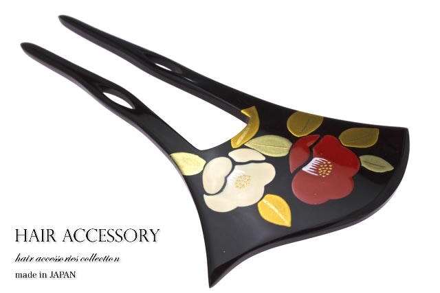 バチ型簪　黒　ブラック　紅白　椿　花　蒔絵　金箔調　フォーマル　髪飾り　かんざし　ヘアアクセサリー　成人式　卒業式　結婚式　パーティー　日本製