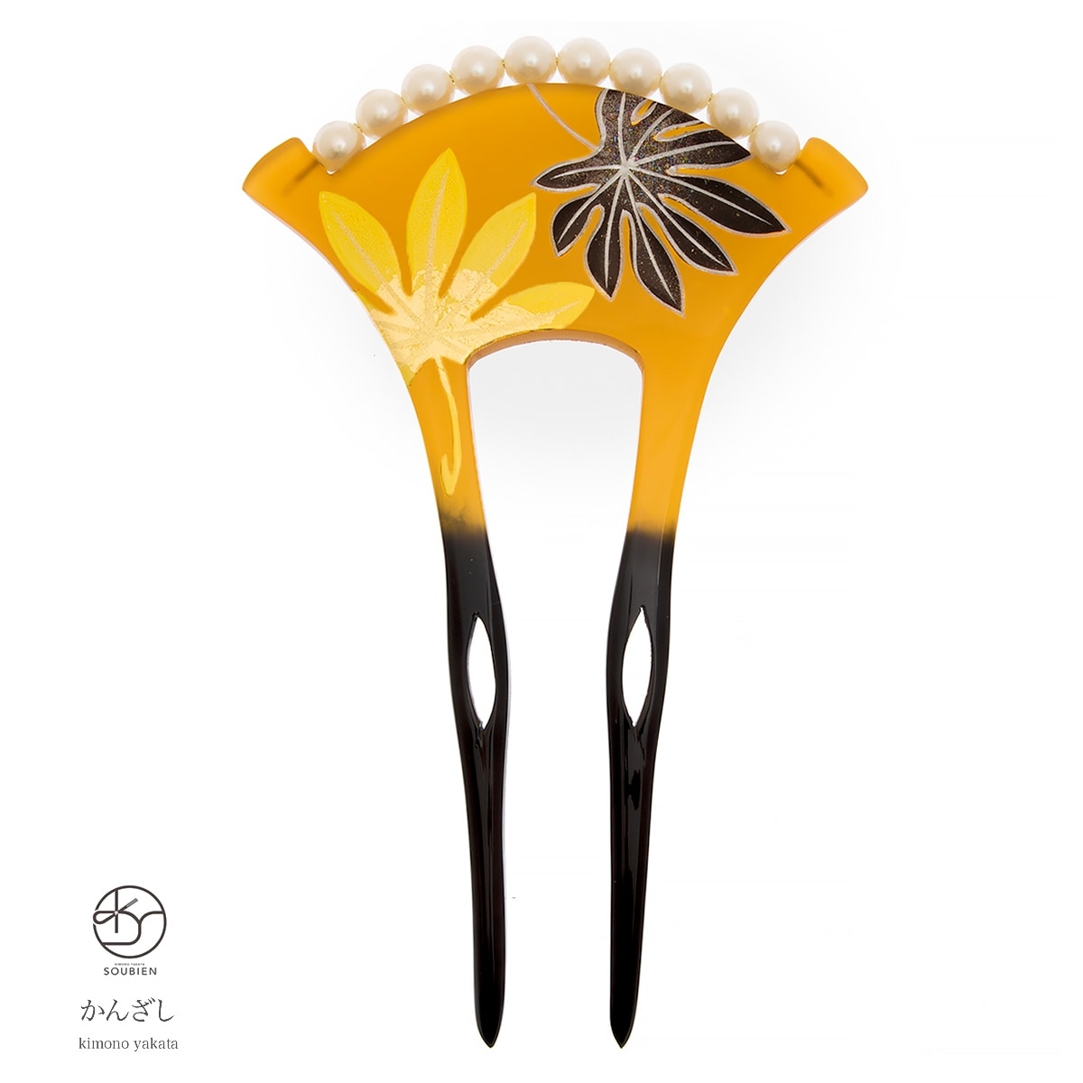 バチ型簪　訪問着　色留袖　小紋　鼈甲色　葉　パール　手描き　髪飾り　髪留め　ヘアアクセサリー