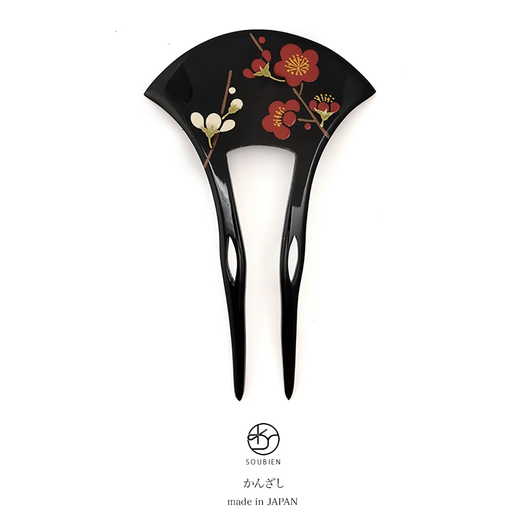 バチ型簪　黒　ブラック　赤　梅　花　二本足　髪飾り　かんざし　フォーマル　ヘアアクセサリー　日本製