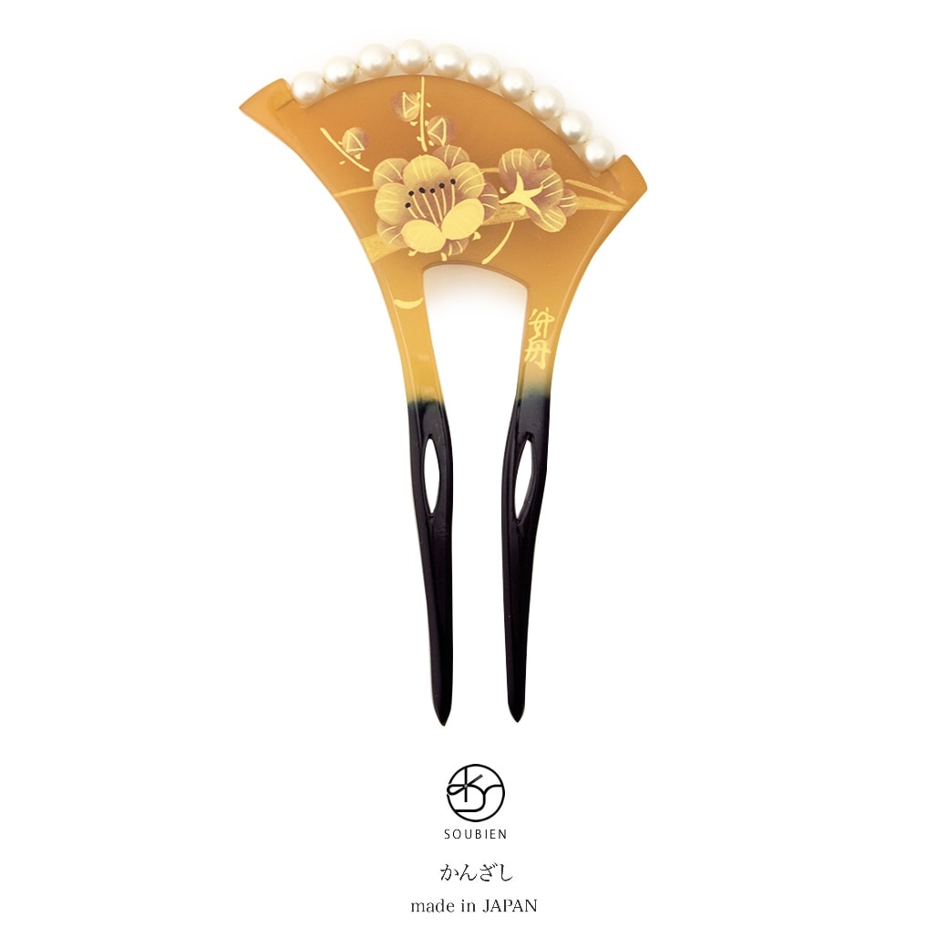 バチ型簪　べっ甲色　鼈甲色　べっこう色　黒　梅　花　蒔絵調　フェイクパール　二本足　髪飾り　かんざし　フォーマル　ヘアアクセサリー　日本製