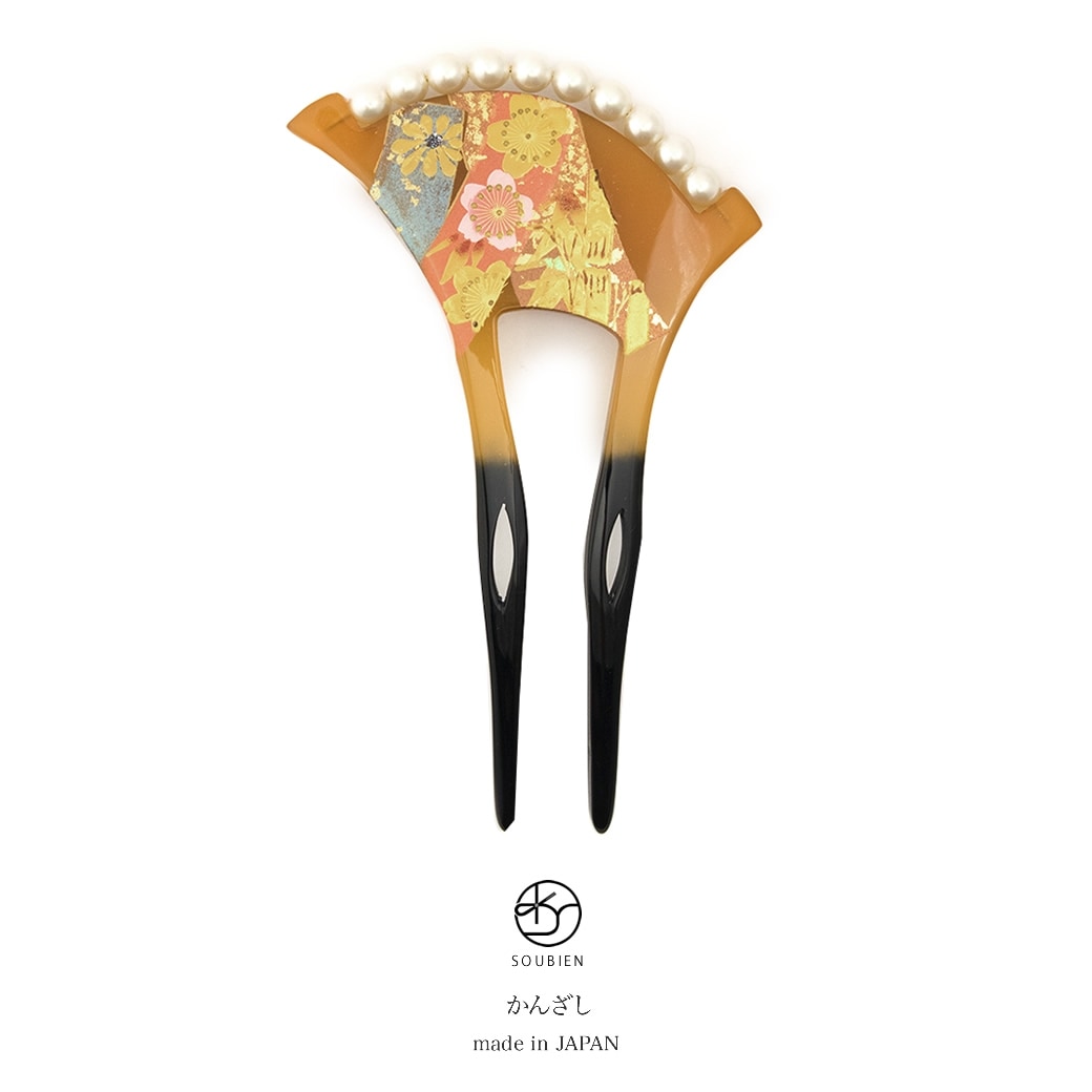バチ型簪　べっ甲色　鼈甲色　べっこう色　金　黒　流水文　梅　花　蒔絵調　フェイクパール　二本足　髪飾り　かんざし　フォーマル　ヘアアクセサリー　日本製