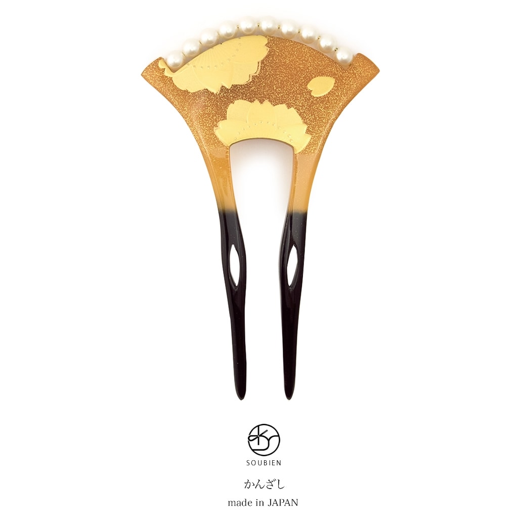 バチ型簪　べっ甲色　鼈甲色　べっこう色　金　黒　桜　花　蒔絵調　フェイクパール　二本足　髪飾り　かんざし　フォーマル　ヘアアクセサリー　日本製