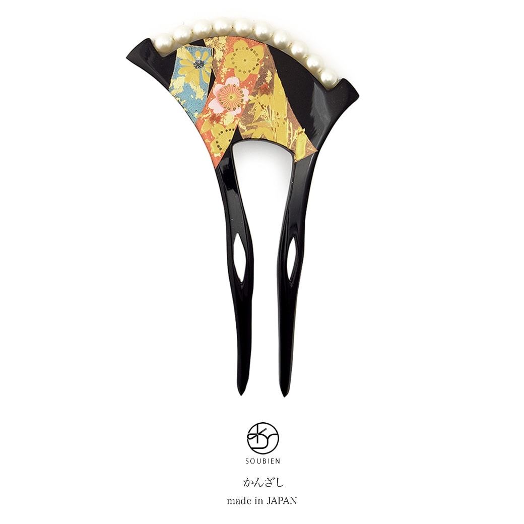 バチ型簪　黒　ブラック　金　流水文　梅　花　蒔絵調　フェイクパール　二本足　髪飾り　かんざし　フォーマル　ヘアアクセサリー　日本製