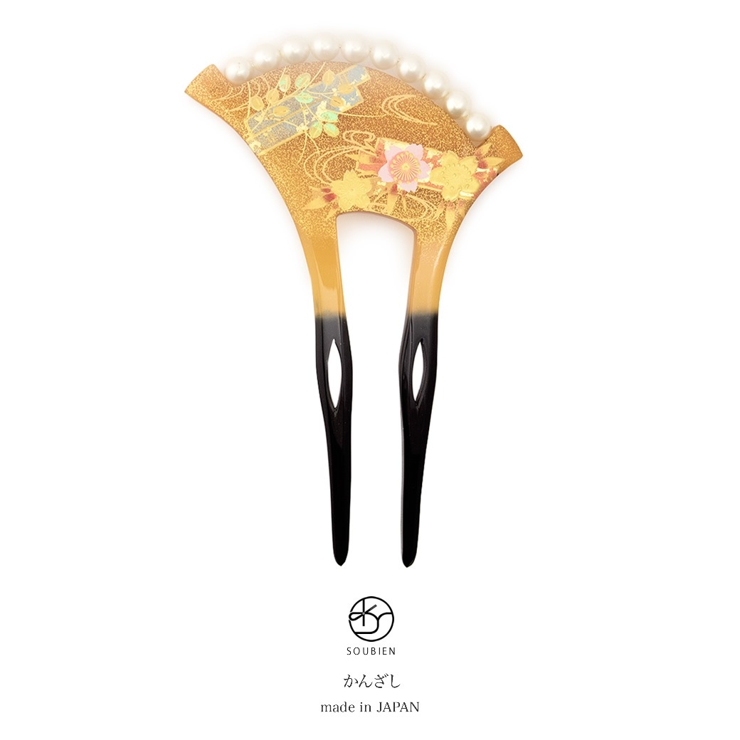 バチ型簪　べっ甲色　鼈甲色　べっこう色　金　黒　流水文　桜　蒔絵調　フェイクパール　二本足　髪飾り　かんざし　フォーマル　ヘアアクセサリー　日本製