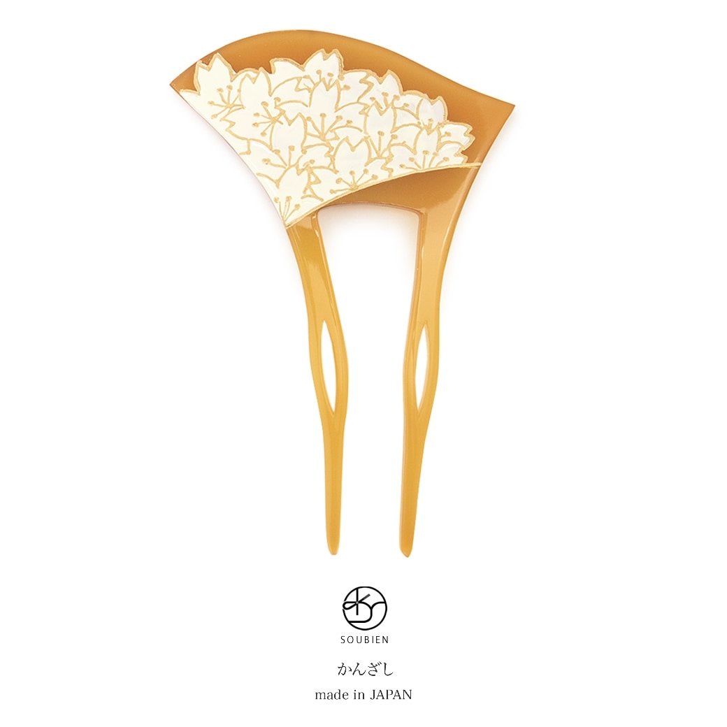 バチ型簪　べっ甲色　鼈甲色　べっこう色　桜づくし　花　二本足　髪飾り　かんざし　フォーマル　ヘアアクセサリー　日本製