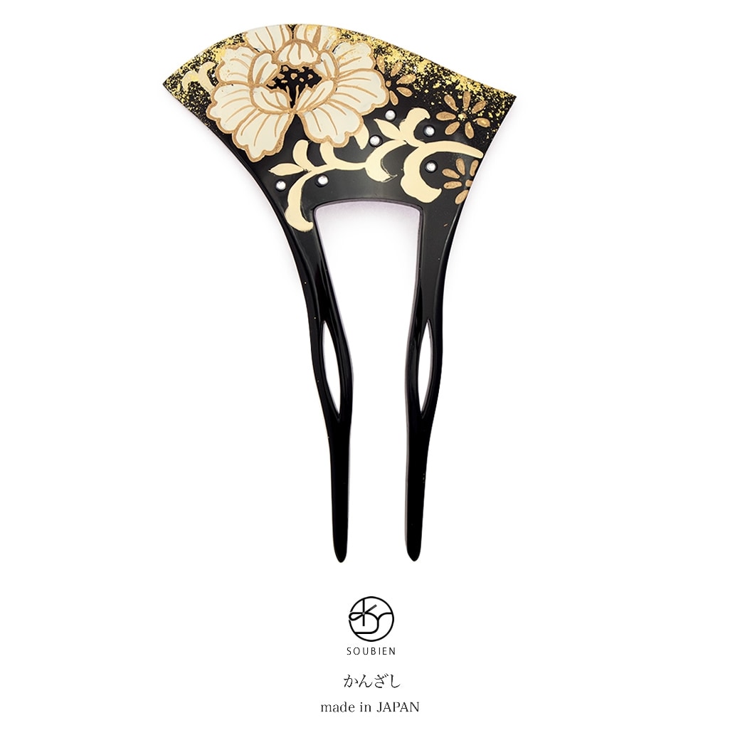 バチ型簪　黒　ブラック　金色　牡丹唐草　ラインストーン　蒔絵調　二本足　髪飾り　かんざし　フォーマル　ヘアアクセサリー　日本製