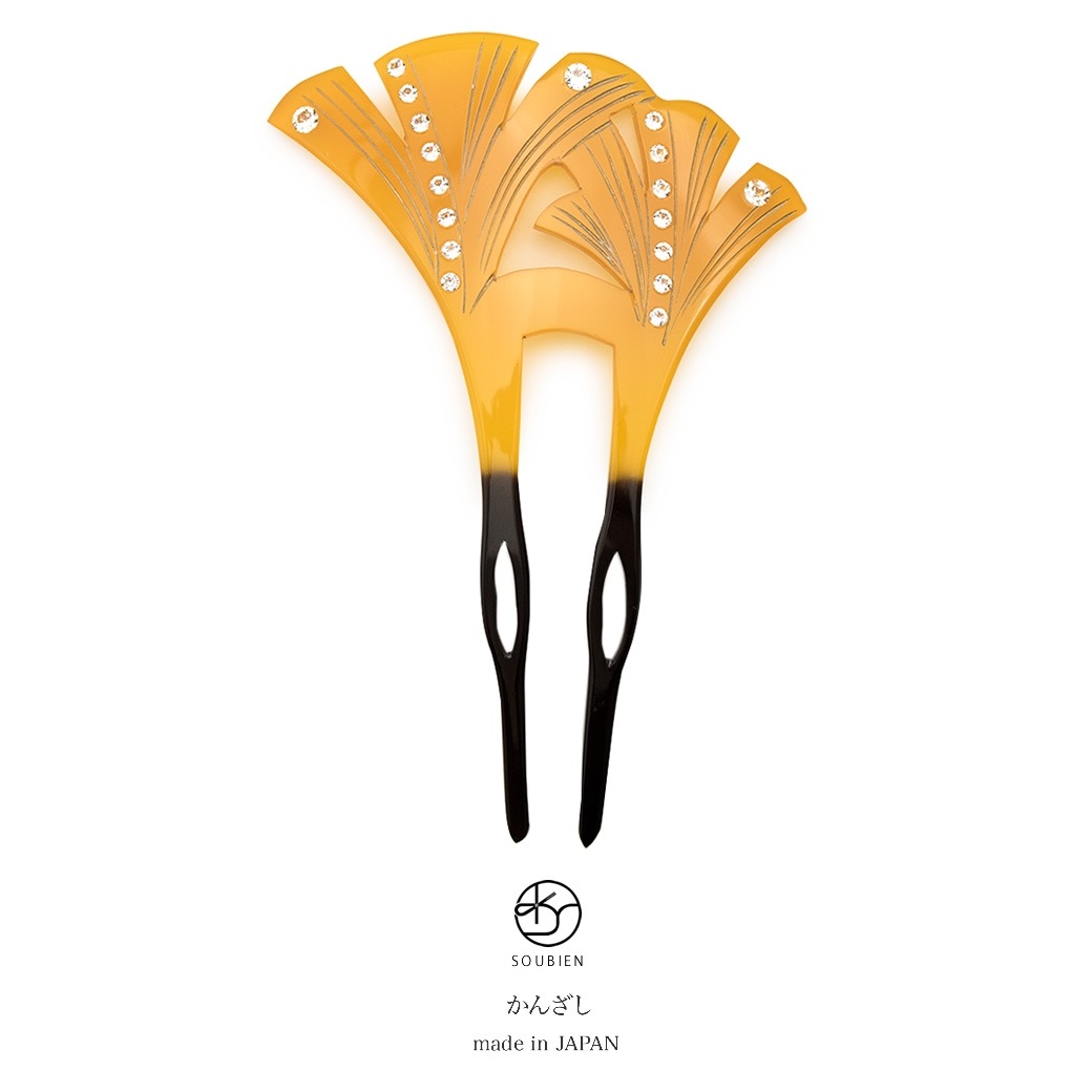 バチ型簪　べっ甲色　鼈甲色　べっこう色　黒　銀杏　イチョウ　ラインストーン　二本足　髪飾り　かんざし　フォーマル　ヘアアクセサリー　日本製