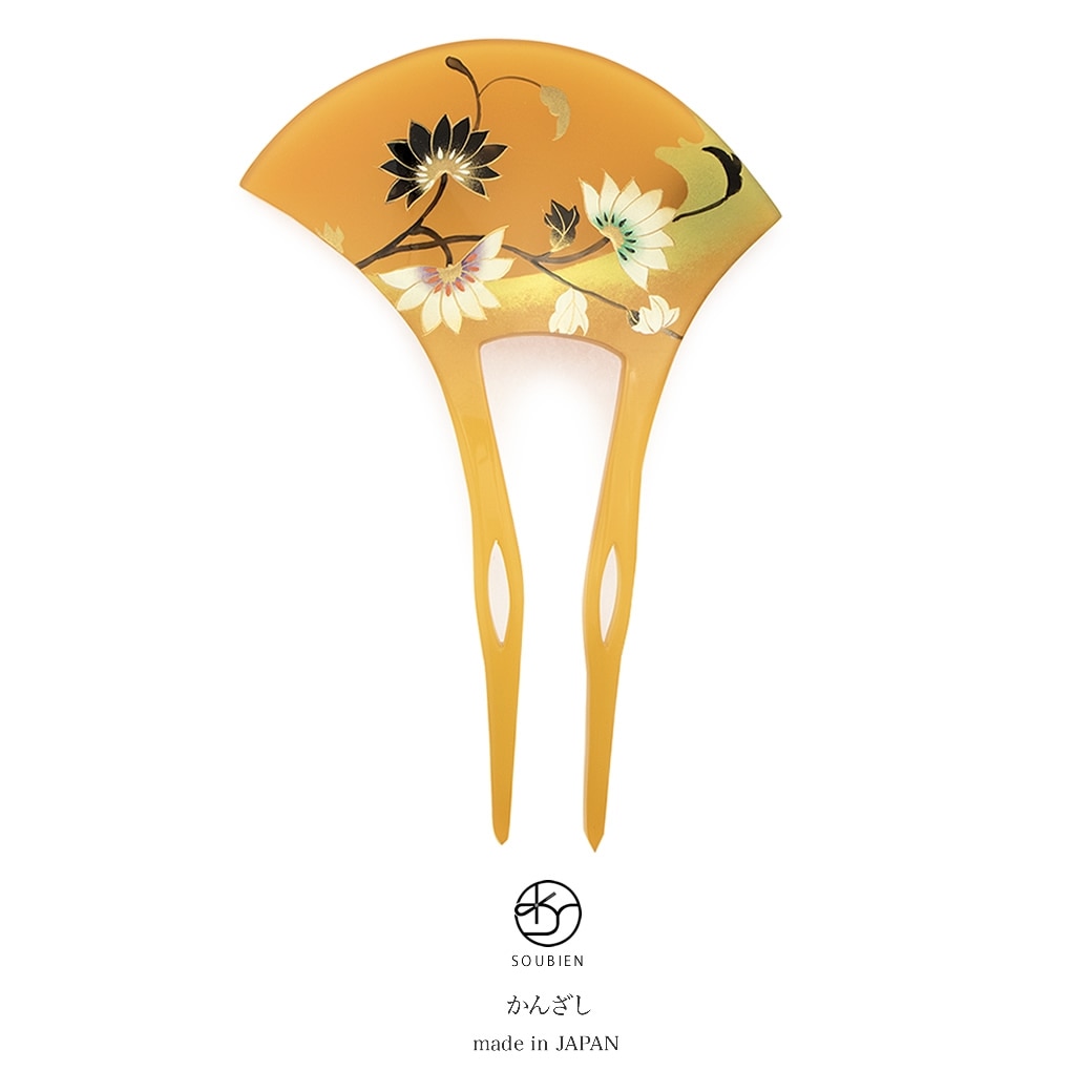 バチ型簪　べっ甲色　鼈甲色　べっこう色　白　黒　花唐草　二本足　髪飾り　かんざし　フォーマル　ヘアアクセサリー　日本製