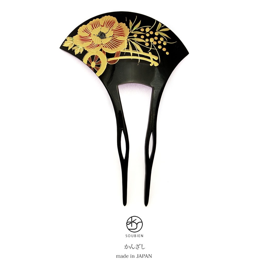 バチ型簪　黒　ブラック　金色　牡丹　花車　蒔絵調　二本足　髪飾り　かんざし　フォーマル　ヘアアクセサリー　日本製