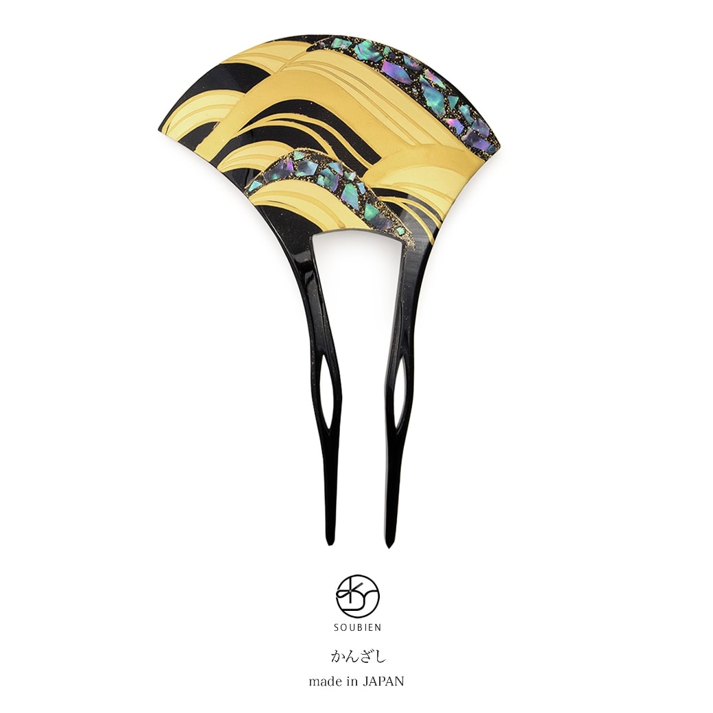 バチ型簪　黒　ブラック　金色　波　螺鈿　らでん　二本足　髪飾り　かんざし　フォーマル　ヘアアクセサリー　日本製