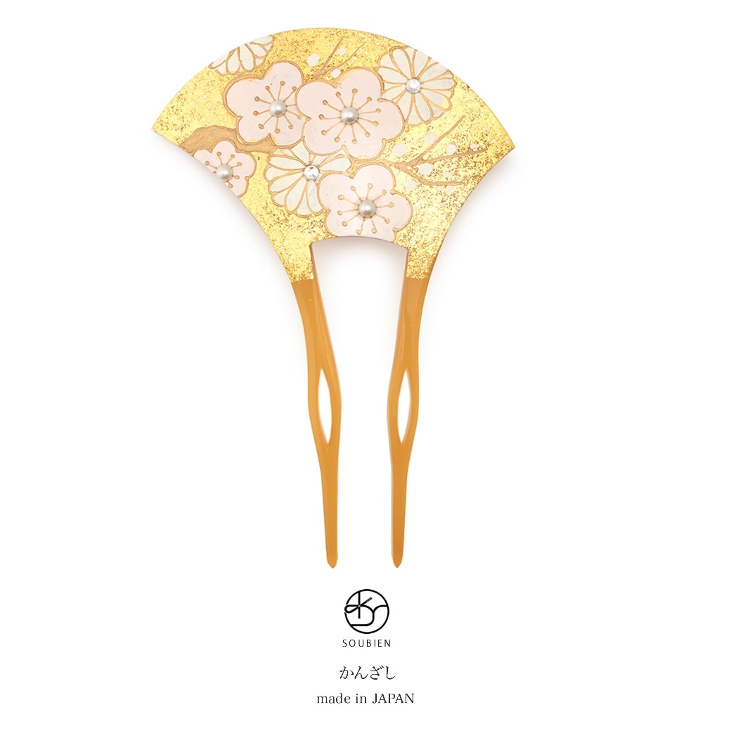 バチ型簪　べっ甲色　鼈甲色　べっこう色　梅　菊　花　フェイクパール　ラインストーン　蒔絵調　二本足　髪飾り　かんざし　フォーマル　ヘアアクセサリー　日本製