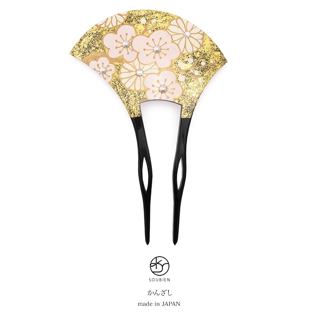 バチ型簪　黒　ブラック　金　ゴールド　梅　菊　フェイクパール　ラインストーン　蒔絵調　二本足　髪飾り　かんざし　フォーマル　ヘアアクセサリー　日本製