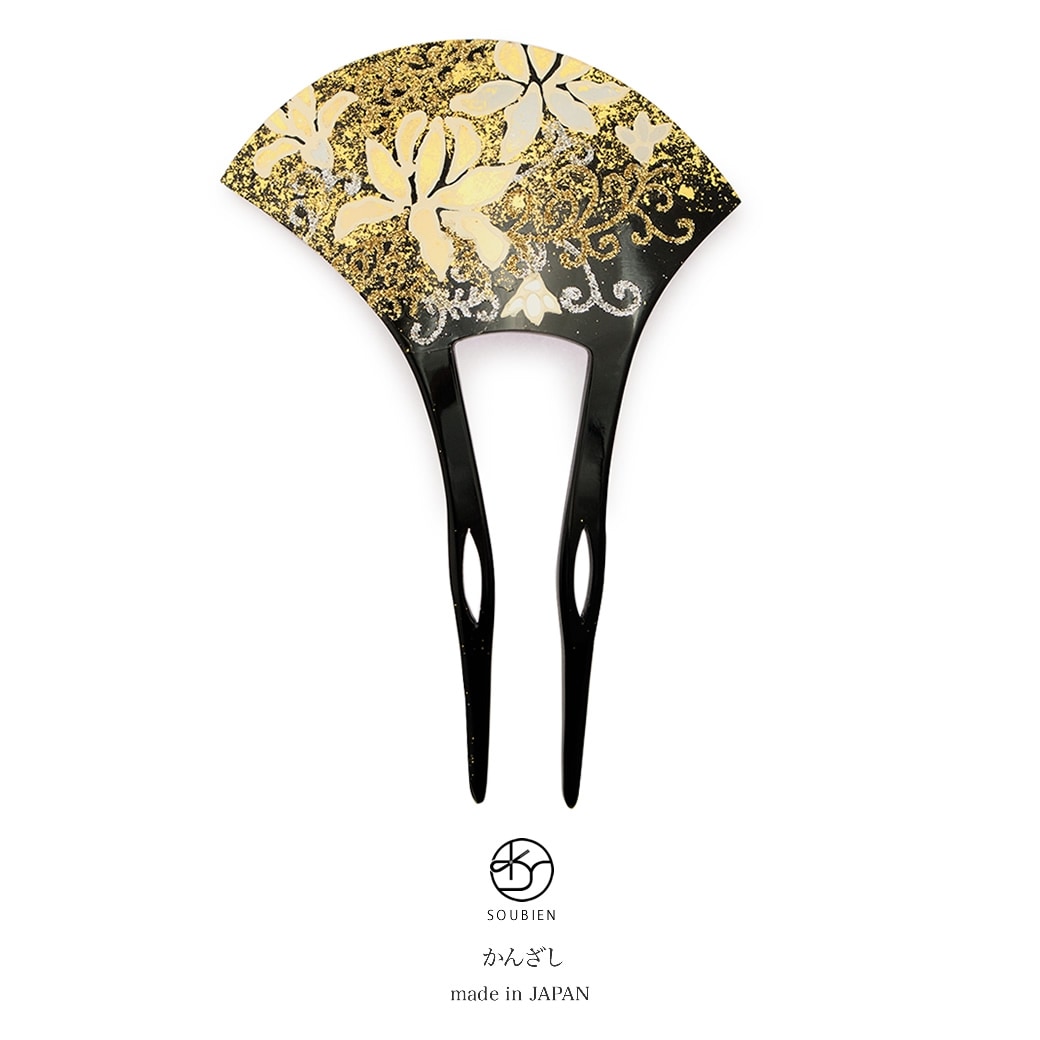 バチ型簪　黒　ブラック　金色　ゴールド　銀色　花　蒔絵調　ラメ　二本足　髪飾り　かんざし　フォーマル　ヘアアクセサリー　日本製