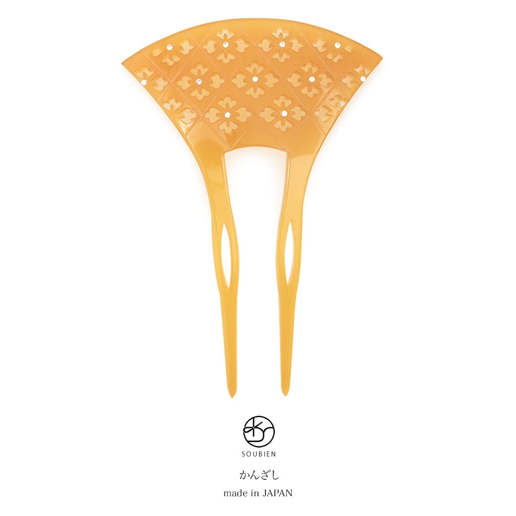 バチ型簪　べっ甲色　鼈甲色　べっこう色　花菱　ラインストーン　透かし彫り　二本足　髪飾り　かんざし　フォーマル　ヘアアクセサリー　日本製