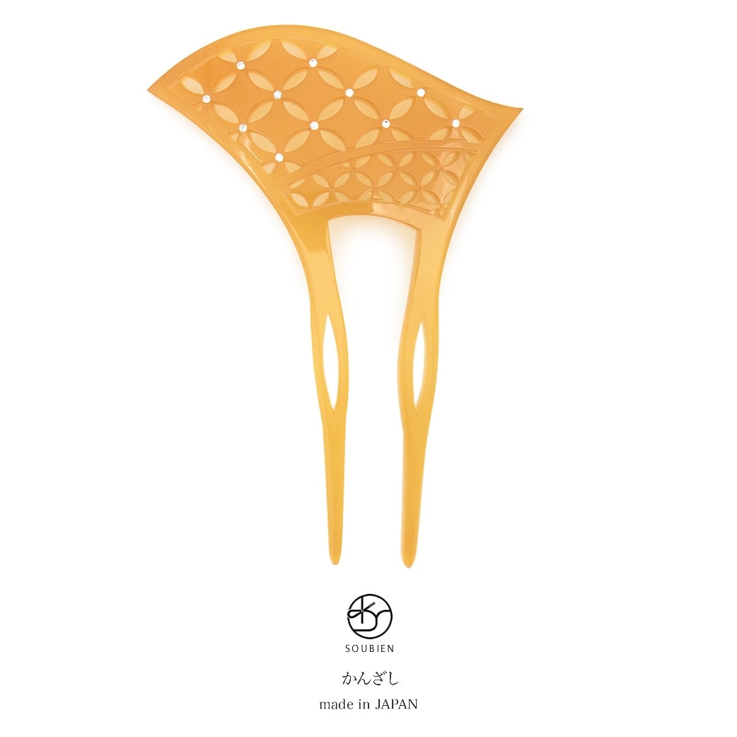 バチ型簪　べっ甲色　鼈甲色　べっこう色　七宝繋ぎ　ラインストーン　透かし彫り　二本足　髪飾り　かんざし　フォーマル　ヘアアクセサリー　日本製