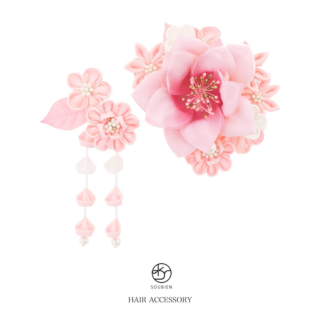 髪飾り　２点セット　ピンク　薔薇　梅　菊　フェイクパール　コサージュ　ぶら飾り　つまみ細工　コーム　髪留め　成人式向け　卒業式向け　振袖向け　袴向け　ヘアアクセサリー