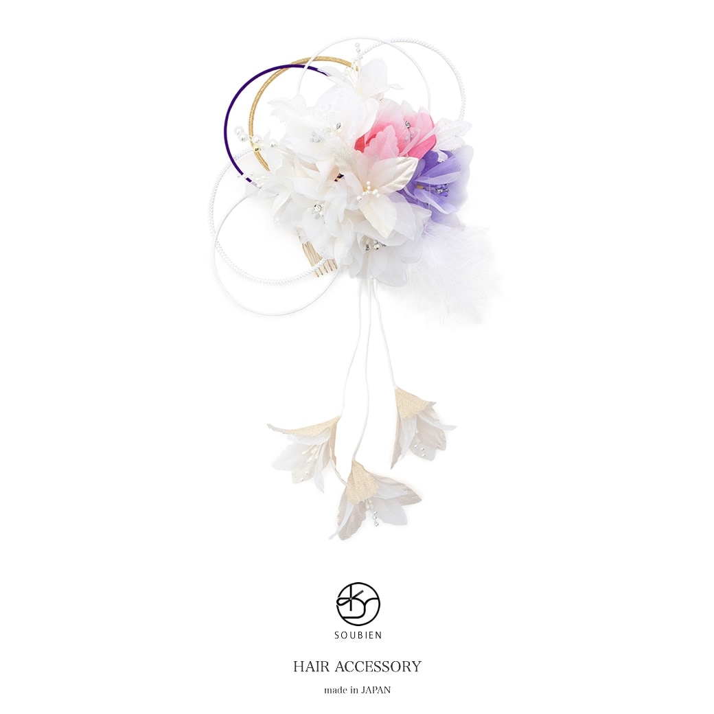 髪飾り　成人式　振袖向け　卒業式　袴　花　ファー　白　ピンク　紫　送料無料