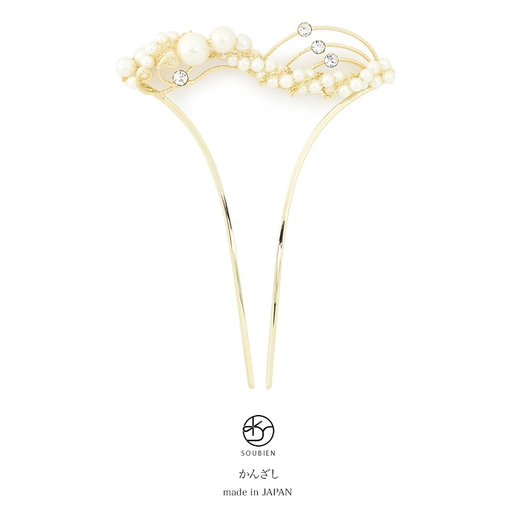 バチ型簪　金色　ゴールド　スクリュー　フェイクパール　ラインストーン　二本足　髪飾り　かんざし　フォーマル　ヘアアクセサリー　日本製
