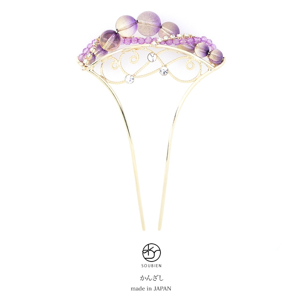 バチ型簪　金色　ゴールド　紫色　パープル　クリア　ガラス調　ラインストーン　二本足　髪飾り　かんざし　浴衣向き　夏着物向き　カジュアル　ヘアアクセサリー　日本製