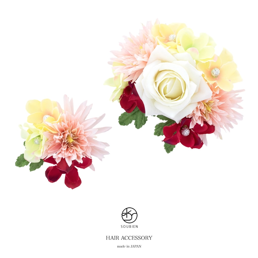 髪飾り ２点セット ピンク系 白 クリーム 赤 菊 薔薇 花 コサージュ コーム Uピン 髪留め 成人式向け 卒業式向け 振袖向け 袴向け ヘアアクセサリー 日本製
