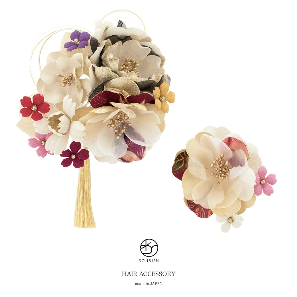 髪飾り　2点セット　白茶色　ライトベージュ　金色　桜　サクラ　牡丹　花　房飾り　水引　コーム　Uピン　髪留め　成人式向け　卒業式向け　振袖向け　袴向け　ヘアアクセサリー　日本製