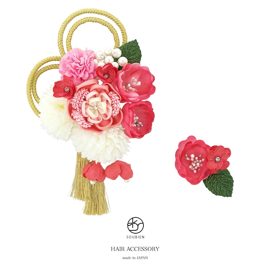 髪飾り　２点セット　ピンク　白　ホワイト　ラメ　ピンポンマム　花　つまみ細工　組紐　房飾り　フェイクパール　ラインストーン　コーム　Uピン　髪留め　成人式向け　卒業式向け　振袖向け　袴向け　ヘアアクセサリー　日本製