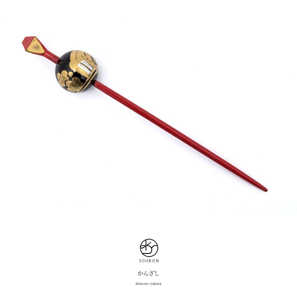 玉簪　かんざし　黒　ブラック　朱色　赤　レッド　梅　花　御所車　手描き　蒔絵調　レトロモダン　玉飾り　髪飾り　成人式向け　卒業式向け　浴衣向け　ヘアアクセサリー