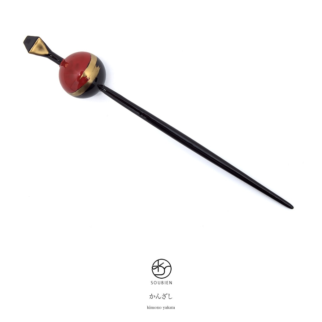 玉簪　かんざし　黒　ブラック　朱色　赤　レッド　シンプル　手描き　蒔絵調　レトロモダン　玉飾り　髪飾り　成人式向け　卒業式向け　浴衣向け　ヘアアクセサリー