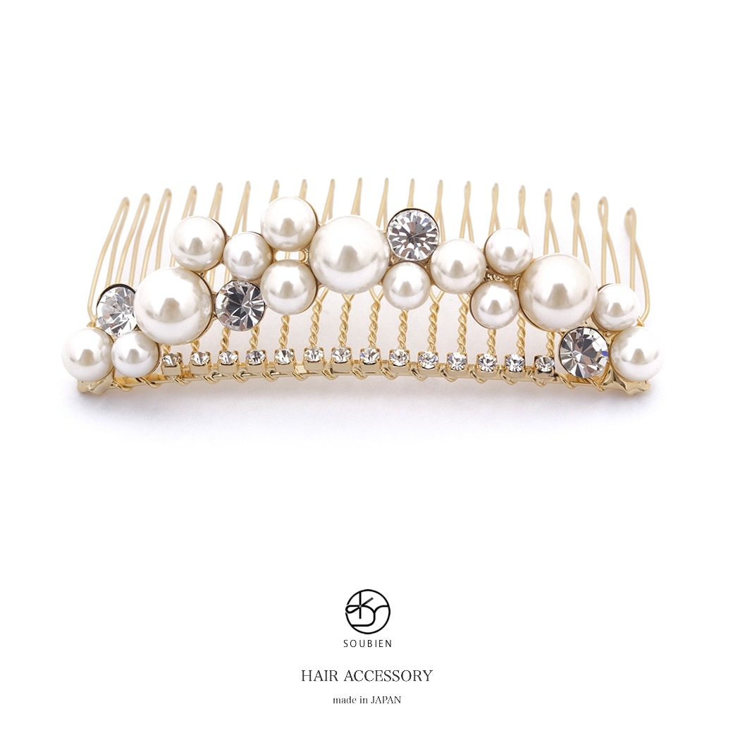 ヘアアクセサリー　金色　ゴールド　フェイクパール　ラインストーン　コーム　髪飾り　髪留め　日本製