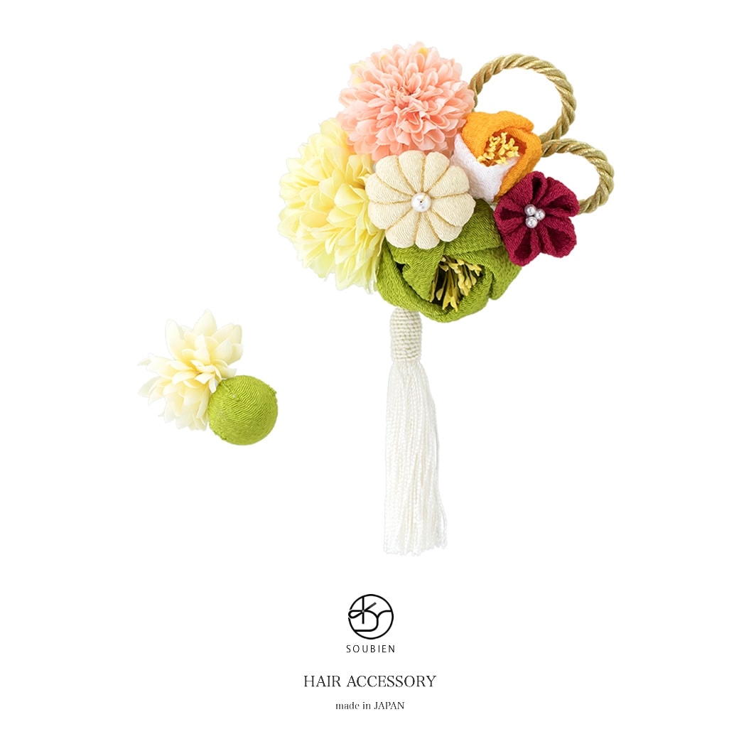 髪飾り 2点セット 緑系 グリーン 椿 桜 菊 ピンポンマム 花 組紐 玉飾り 縮緬 つまみ細工 コサージュ 房飾り コーム Uピン ヘアアクセ 成人式 卒業式 日本製