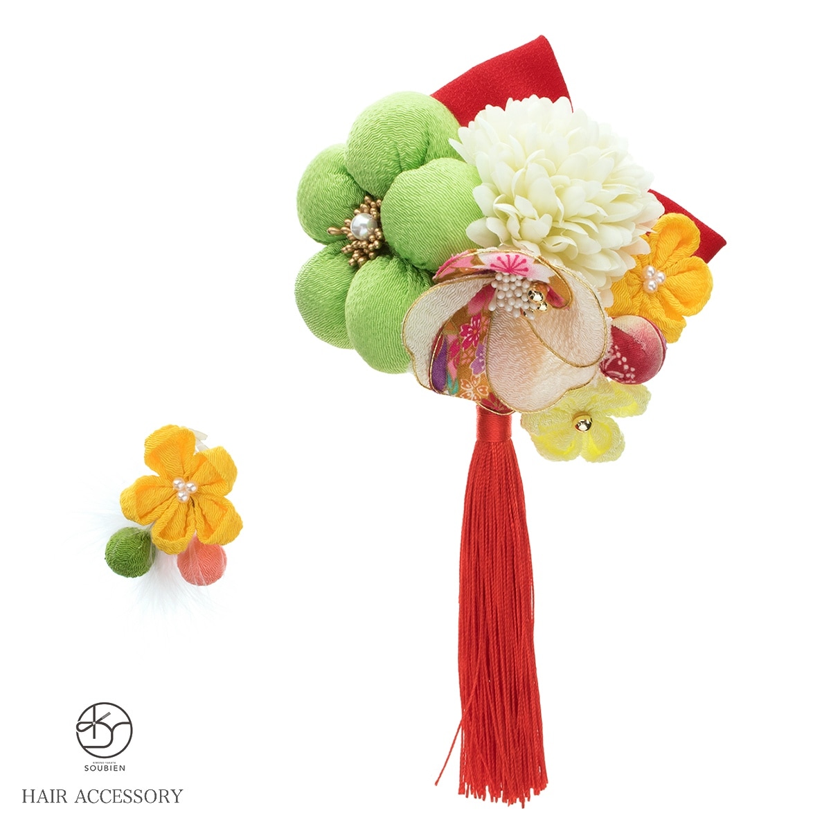 髪飾り　2点セット　緑系　グリーン　梅　ピンポンマム　椿　桜　花　和柄　玉飾り　リボン　羽　縮緬　ちりめん　つまみ細工　房飾り　コーム　Uピン　髪留め　成人式向け　卒業式向け　振袖向け　袴向け　ヘアアクセサリー　日本製