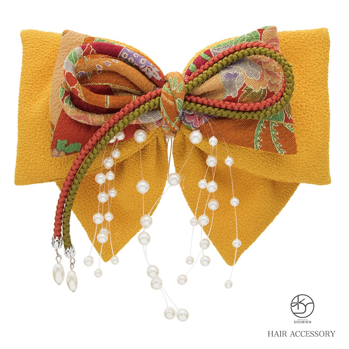 髪飾り　黄色系　イエロー　リボン　和柄　フェイクパール　組紐　丸ぐけ紐　縮緬　ちりめん　コーム式　髪留め　成人式向け　卒業式向け　振袖向け　袴向け　ヘアアクセサリー　日本製