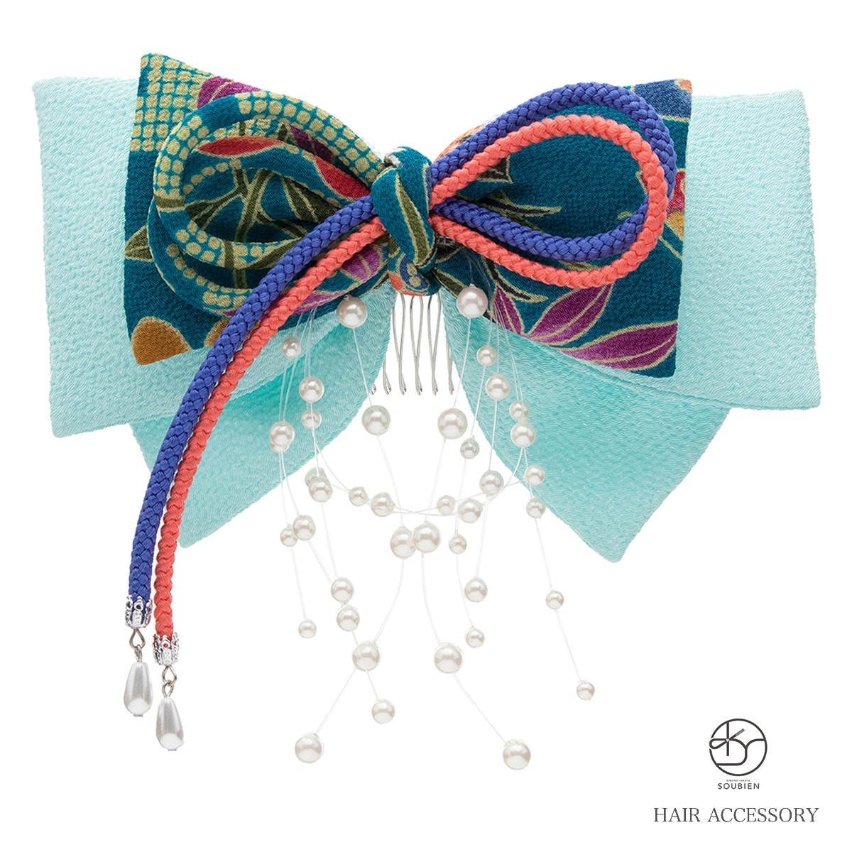 髪飾り　水色　ブルー　リボン　和柄　フェイクパール　組紐　丸ぐけ紐　縮緬　ちりめん　コーム式　髪留め　成人式向け　卒業式向け　振袖向け　袴向け　ヘアアクセサリー　日本製