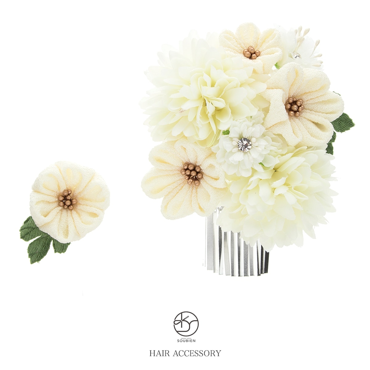 髪飾り　つまみ細工　2点セット　白系　オフホワイト　ピンポンマム　菊　花　コサージュ　びら飾り　コーム　Uピン　髪留め　成人式向け　卒業式向け　振袖向け　袴向け　ヘアアクセサリー　日本製