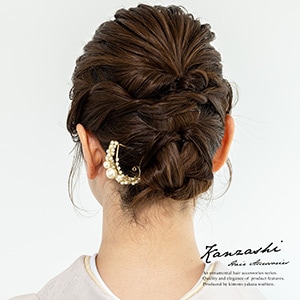 バチ型簪　金色　ゴールド　フェイクパール　クリスタルビーズ　螺旋　蔓　フォーマル　和洋兼用　髪飾り　かんざし　ヘアアクセサリー　日本製