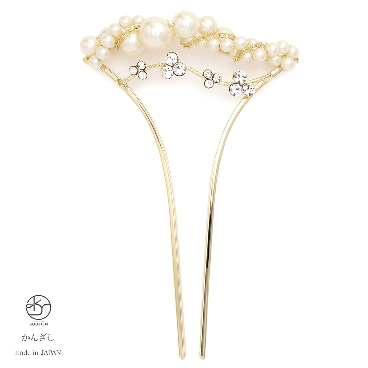 バチ型簪　金色　ゴールド　フェイクパール　クリスタルビーズ　螺旋　波　フォーマル　和洋兼用　髪飾り　かんざし　ヘアアクセサリー　日本製