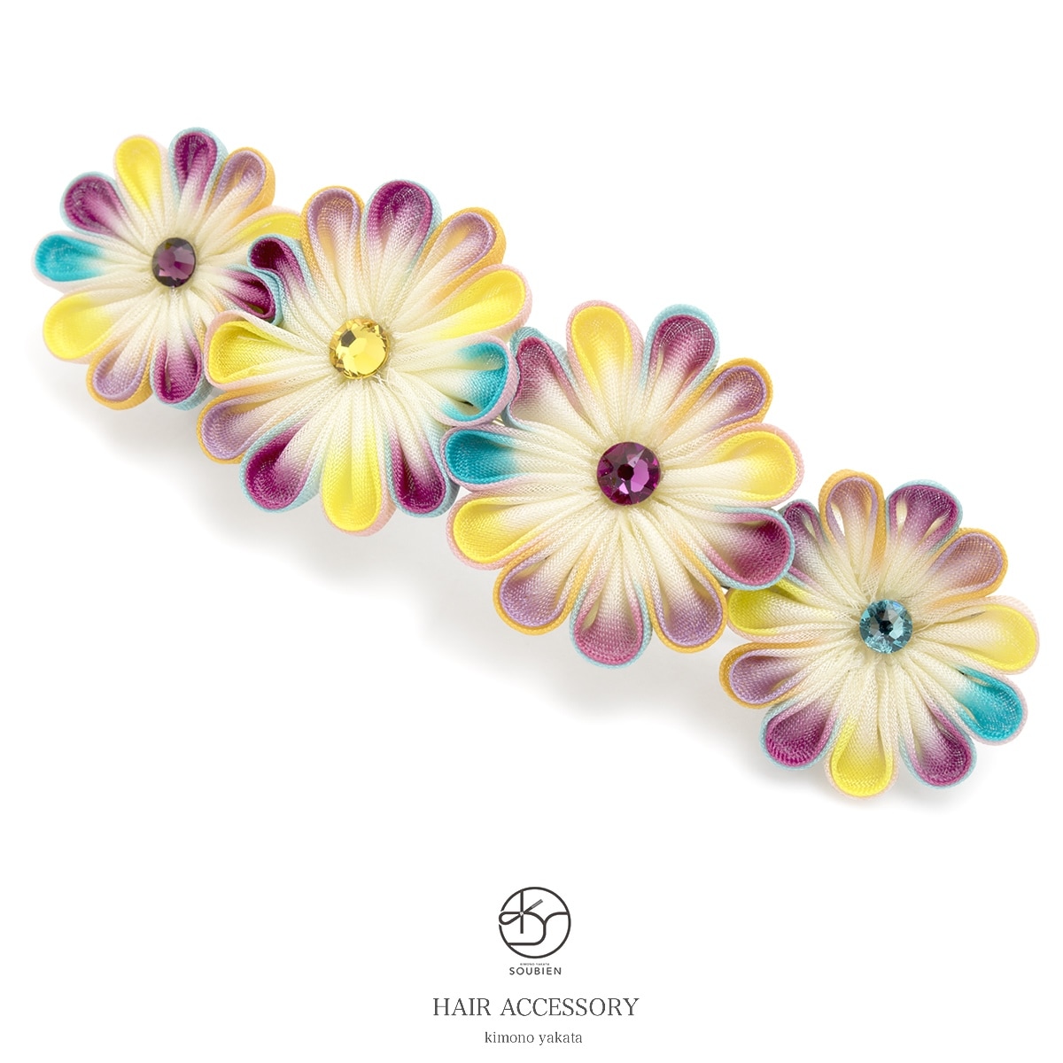 ヘアアクセサリー　つまみ細工　黄色　イエロー　紫　菊　きく　花　ラインストーン　ビジュー　バレッタ　髪留め　髪飾り　小紋　浴衣　カジュアル