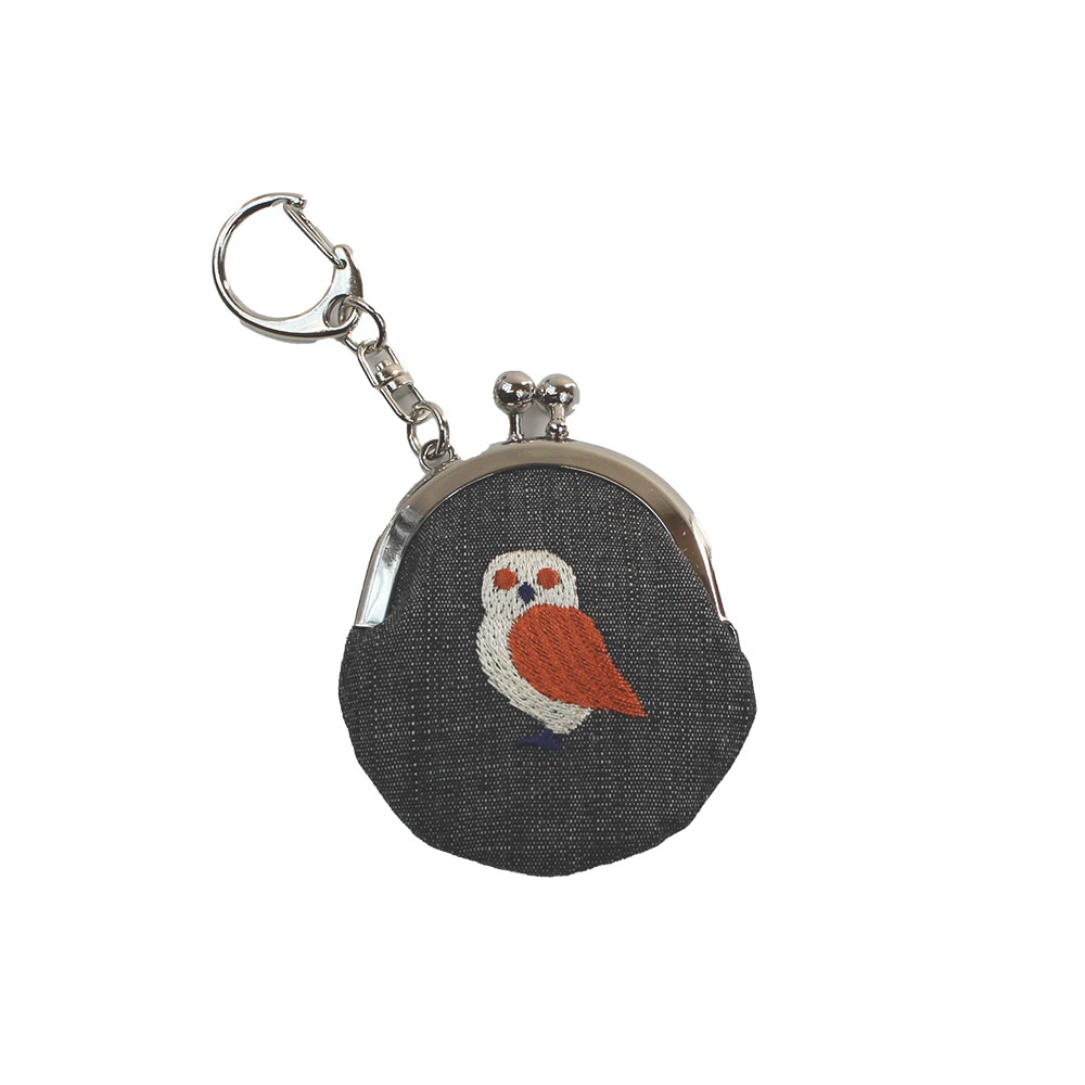 ラッキーモチーフ刺繍1.6丸がま口キーホルダー フクロウ｜京都のがま口