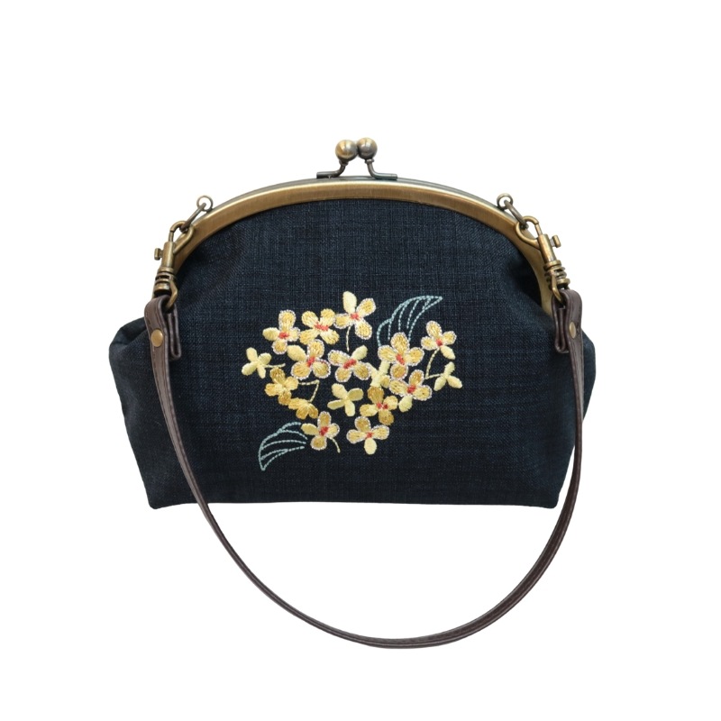 シノワズリ刺繍5.0くし手提げ 金木犀ネイビー｜京都のがま口専門店