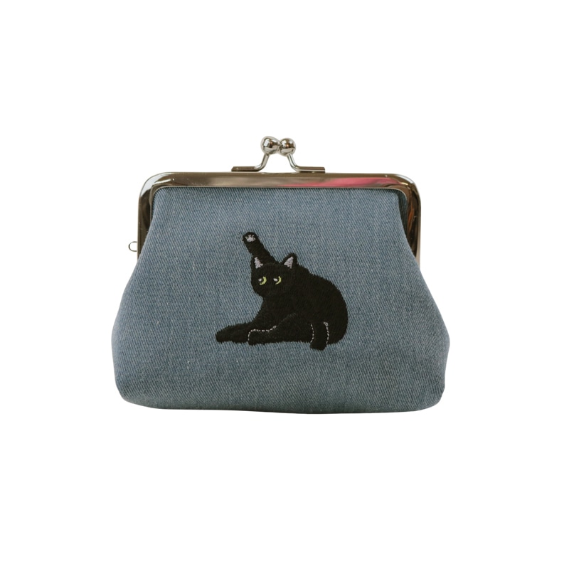 ユニークキャット刺繍3.3ひろマチ 黒猫ブルー｜京都のがま口専門店