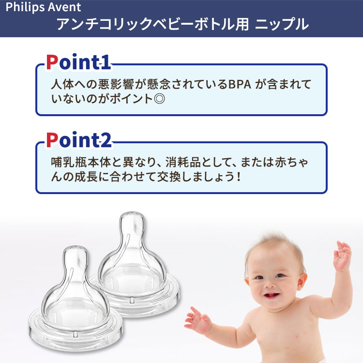 フィリップスアベント アンチコリック ベビーボトル用ニップル 新生児用 2個セット Philips Avent AntiColic Baby