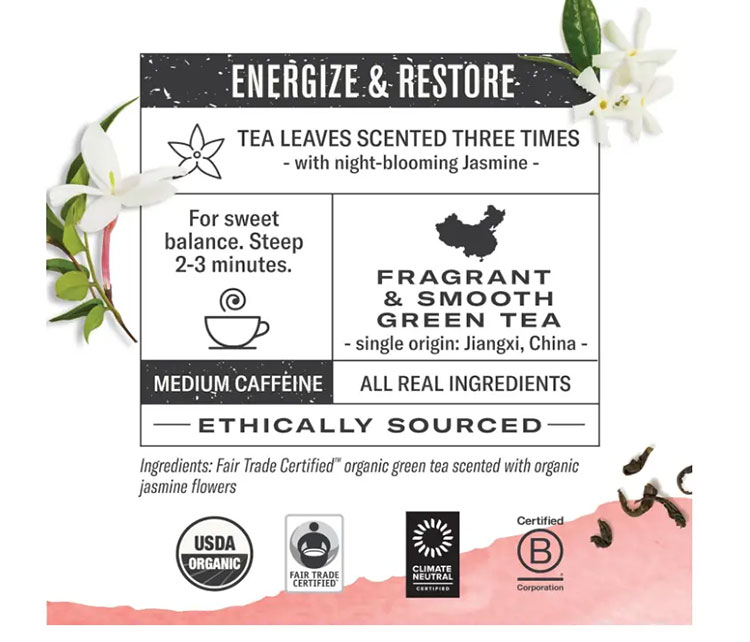 ヌミ ジャスミングリーンティー 18包 36g (1.27oz) Numi Jasmine Green Tea Caffeinated