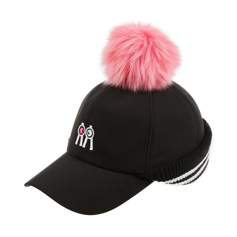 【直送品（買い合わせ不可）】フリーサイズ (57cm) Rolling Rolleye ファーポンポン付き ボールキャップ ブラック　　