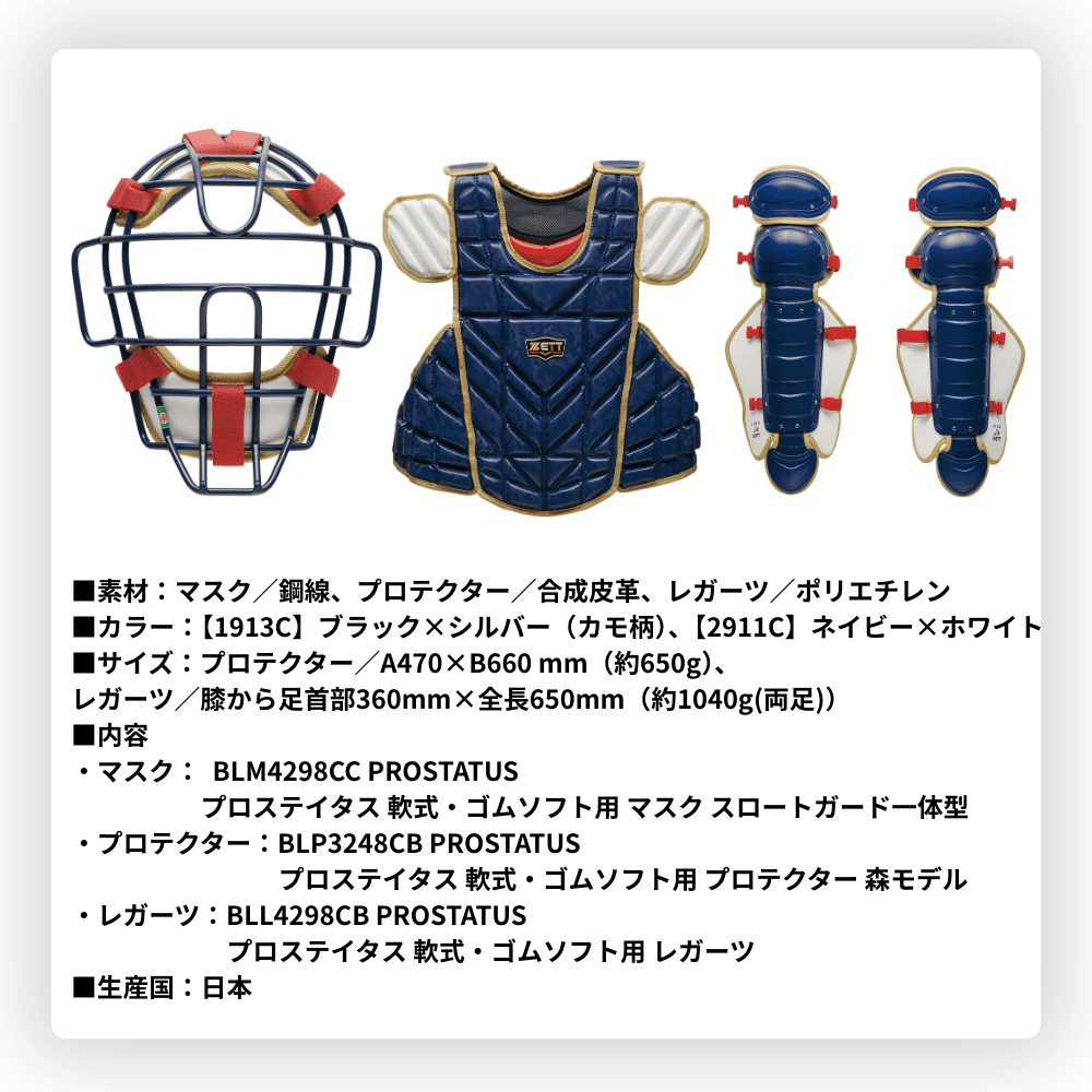 ZETT ゼット ＜展示会限定＞ PROSTATUS プロステイタス 一般用 [軟式・ソフト兼用] 防具セット 4点 森モデル （専用袋付）