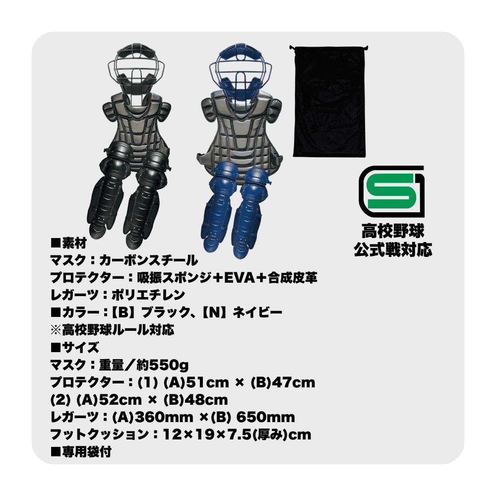 ZETT & 一流メーカー品 ＜高校野球対応＞ 硬式用　防具 5点セット ※専用袋付 (合成皮革仕様)