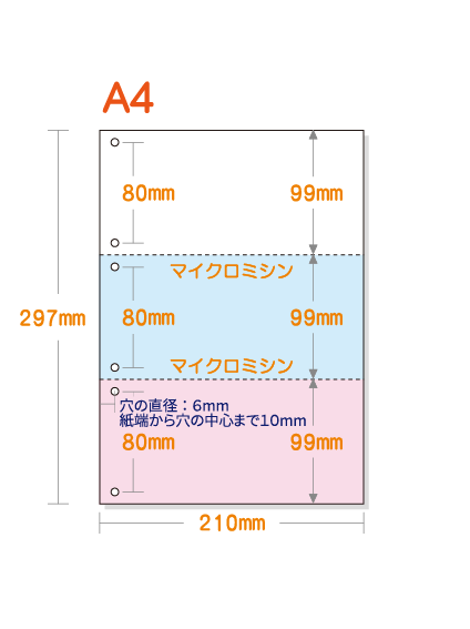 ひら様36 一枚 ミシン目入り用紙】 A4 3分割 カラー[白/青/ピンク] 6穴 | 用紙Labo