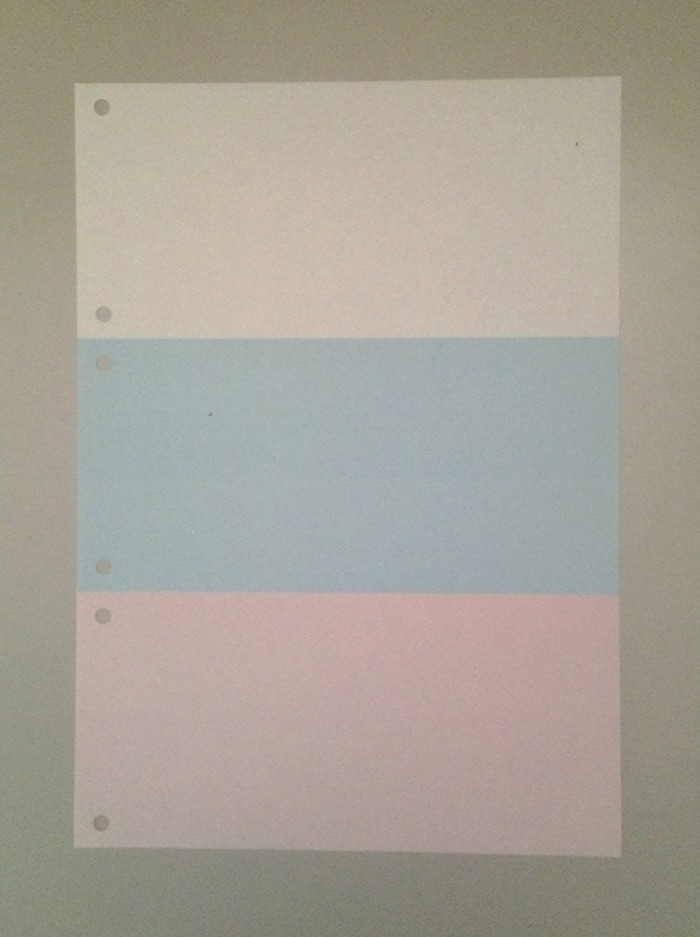 ミシン目入り用紙】 A4 3分割 カラー[白/青/ピンク] 6穴 | 用紙Labo