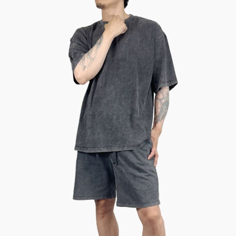 PLAIN ACID WASH "T-SHIRT + SHORTS" SET UP  - BLACK
